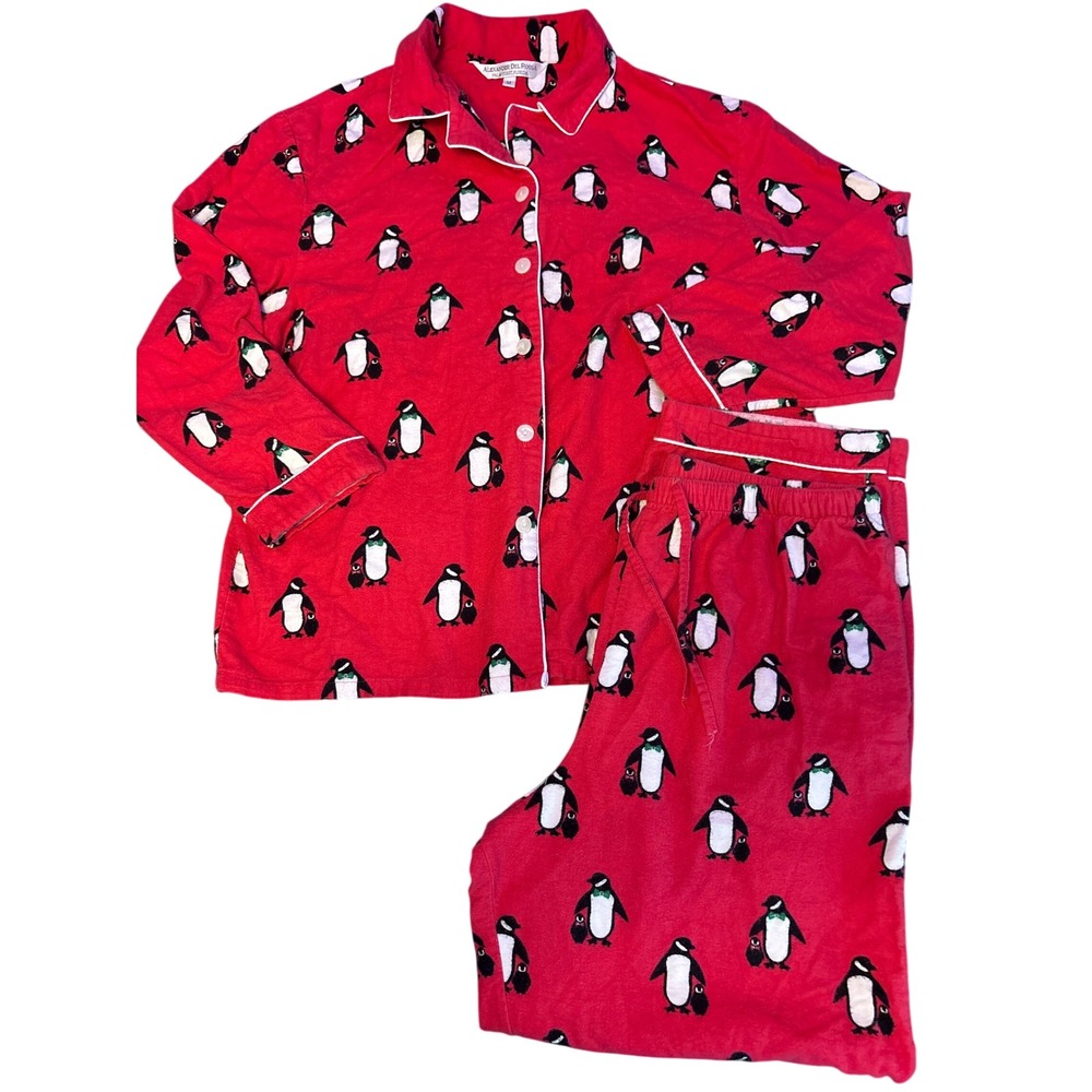 Alexander Del Rossa Fuchsia Penguin Flannel Pajama Set Button Front Sleepwear, M